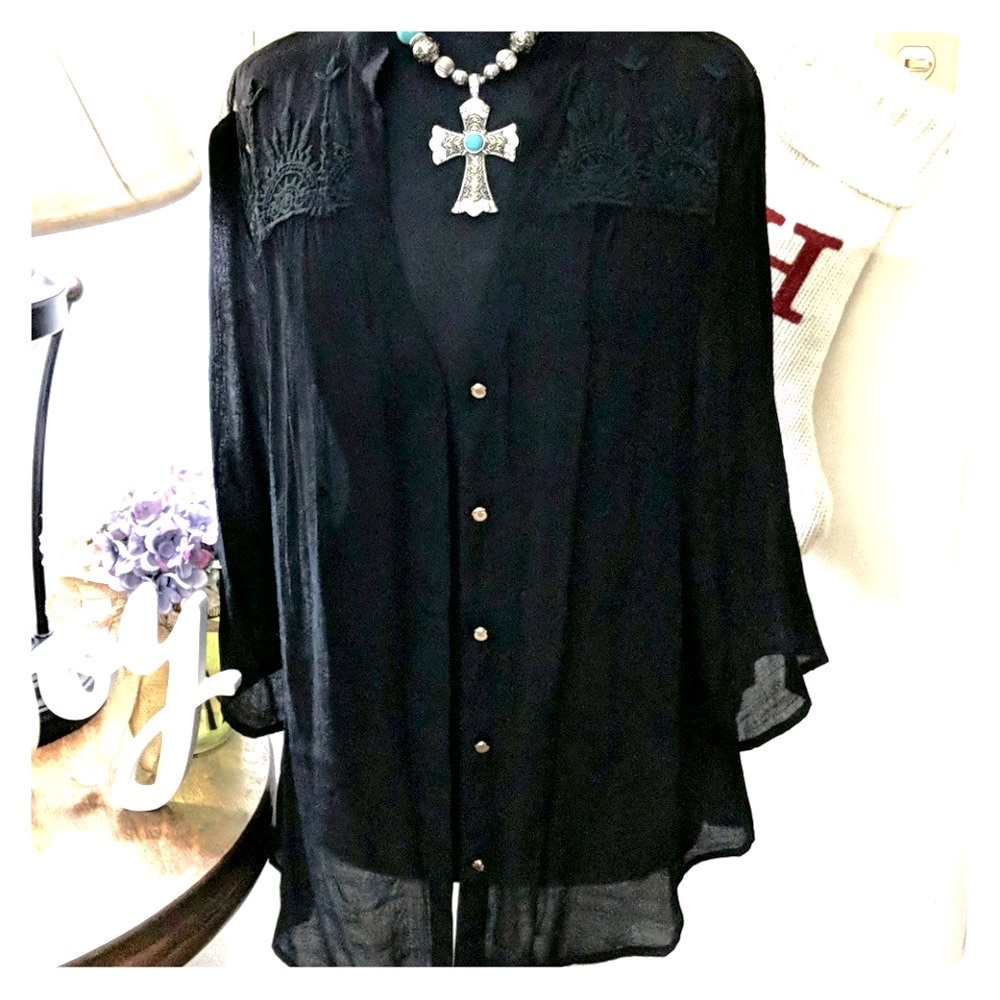 Tab sleeve sheer inset button down shirt